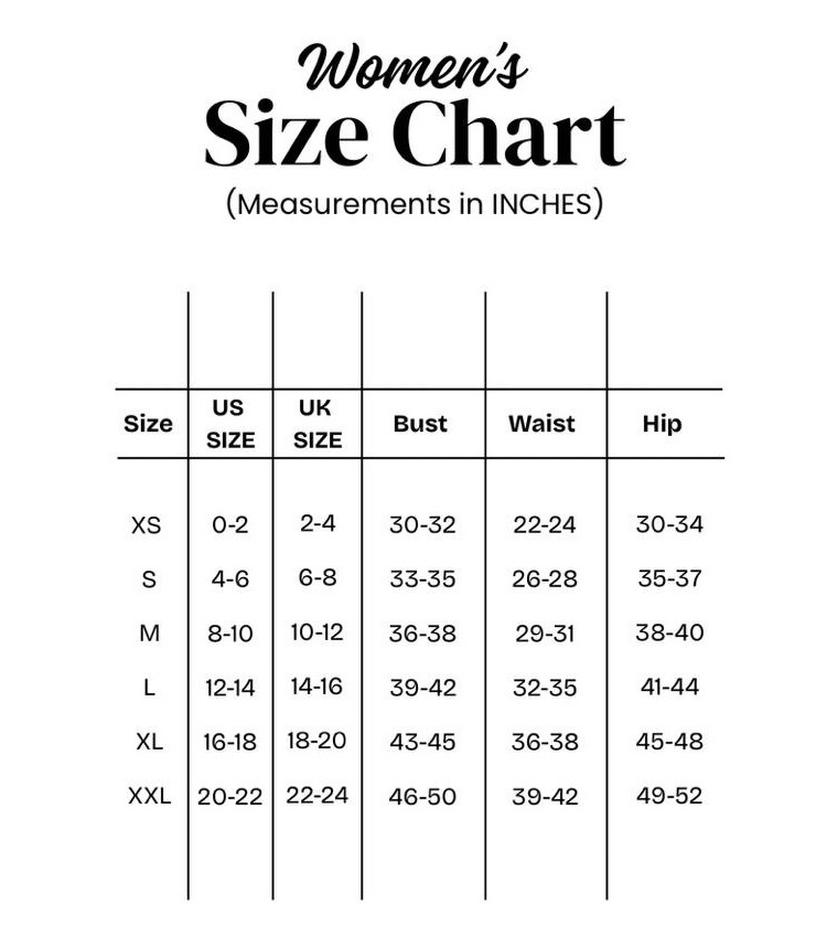 Women's size chart (measurements in inches)